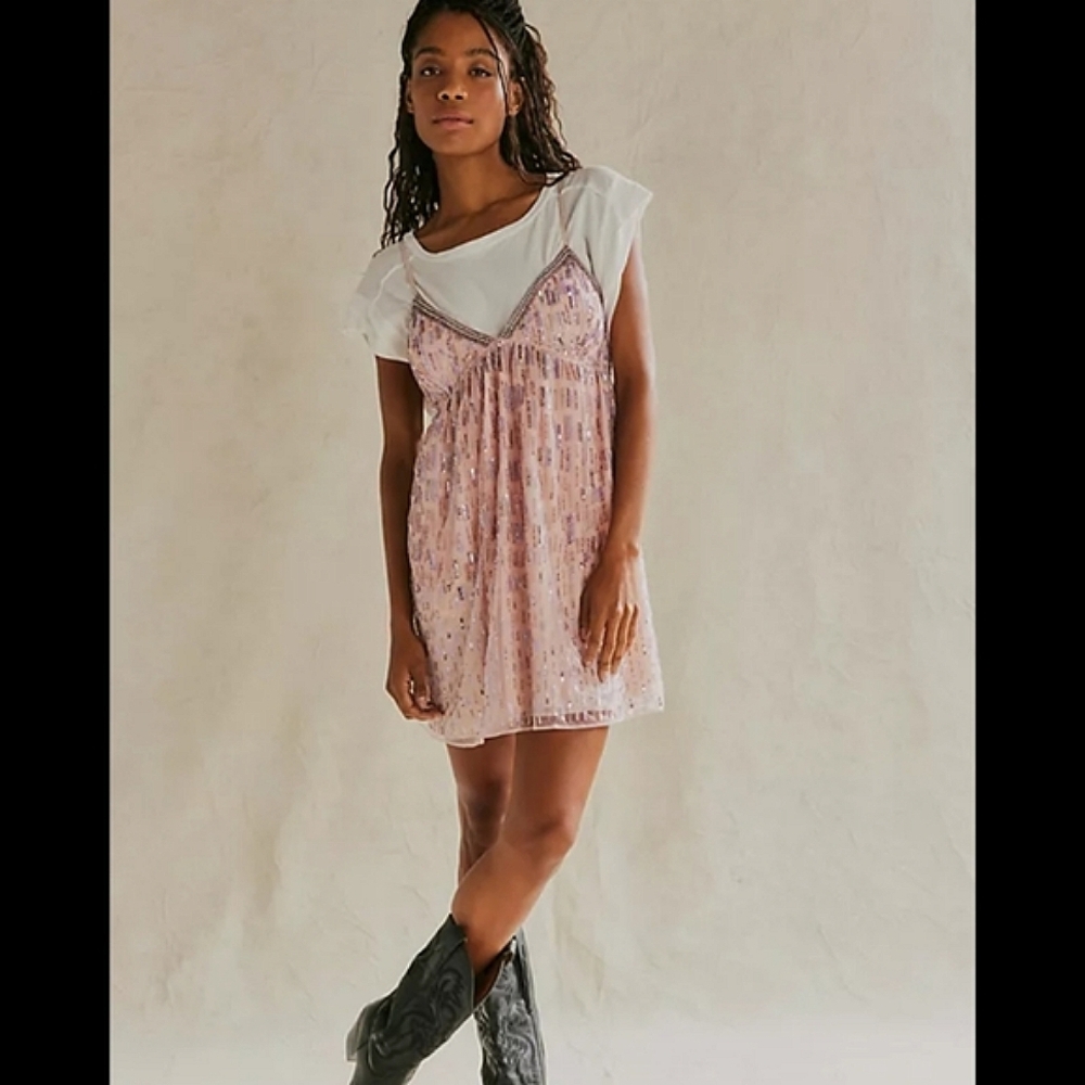 NEW FREE PEOPLE Dance Party Mini Dress Embellished beaded parfait pink combo L - Picture 1 of 5